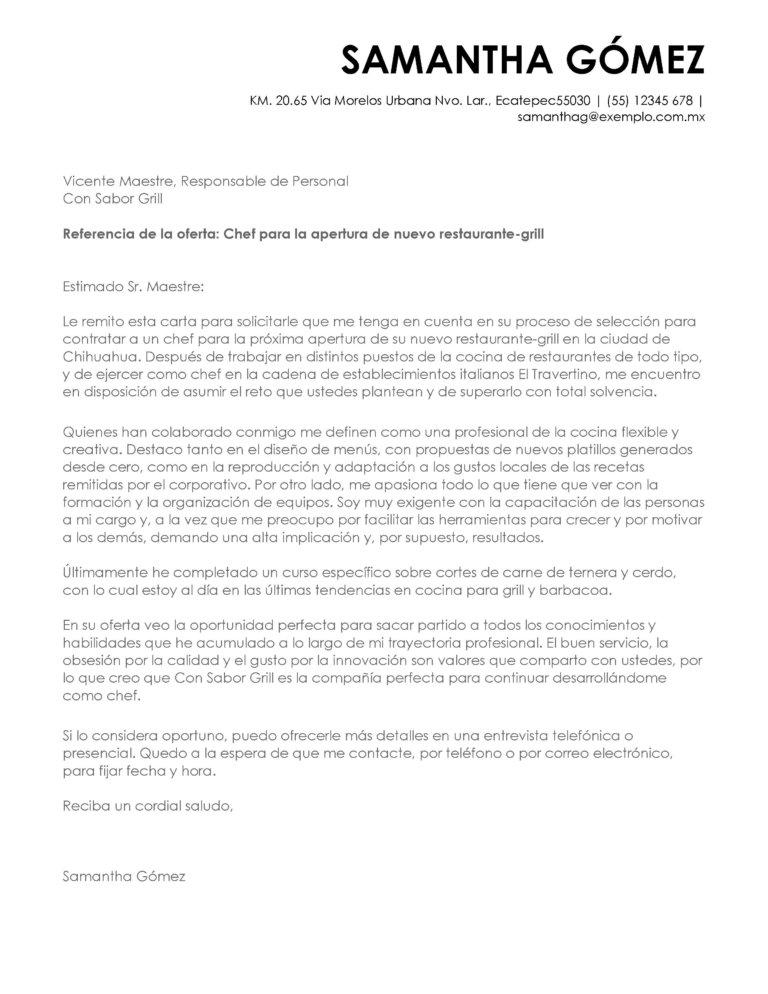 ejemplo carta de presentacion chef