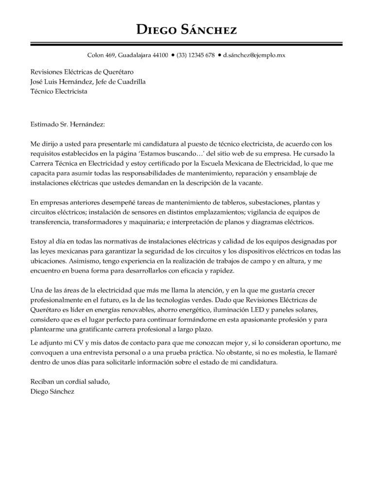 ejemplo carta de presentacion electricidad
