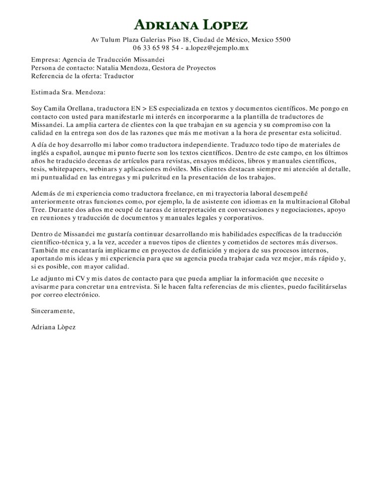 ejemplo carta de presentacion traducción