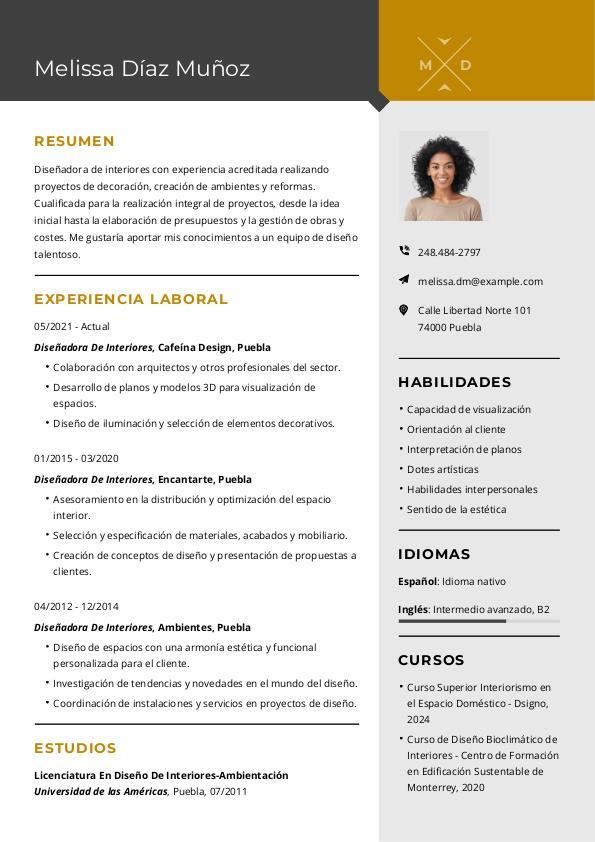 Plantilla de CV de diseñador de interiores y ejemplos | Mi CV Ideal