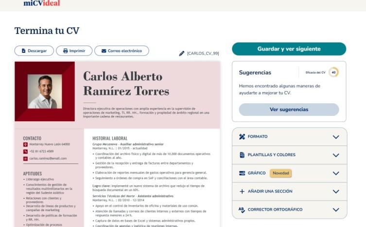 Herramienta de Mi CV Ideal para revisar y editar el diseño de la plantilla de CV