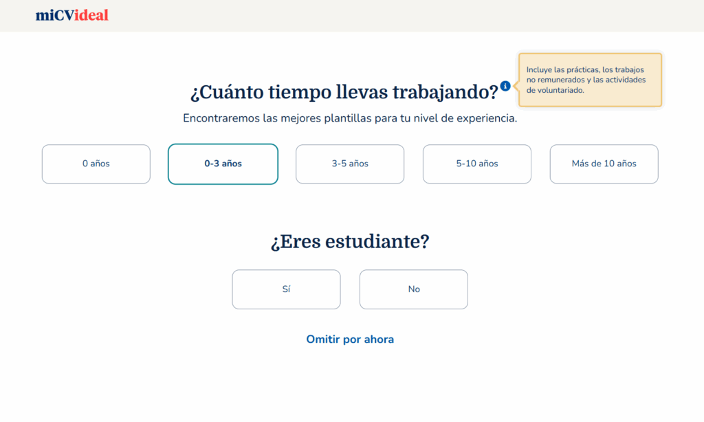 Preguntas del editor de Mi CV Ideal para elegir una plantilla apropiada